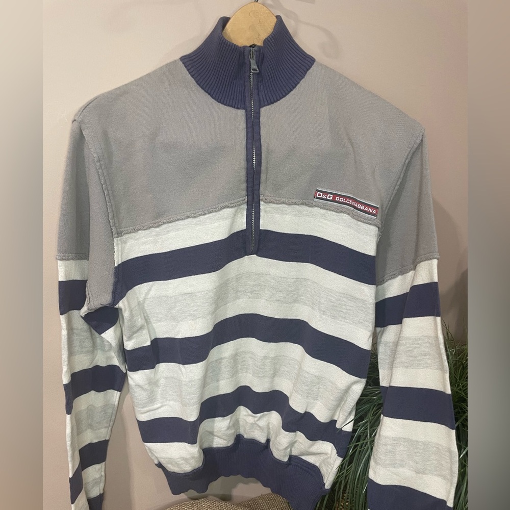 Dolce & Gabbana Gray and Blue Striped Men's 1/4 zip Sweater -vintage- size L